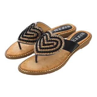 【QUEENA】坡跟拖鞋 夾腳拖鞋/波西米亞民族風甜美愛心串珠造型坡跟夾腳拖鞋(黑)
