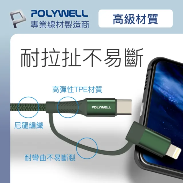 【POLYWELL】四合一充電線快充組 30W雙孔1A1C快充頭+四合一編織快充線 1M