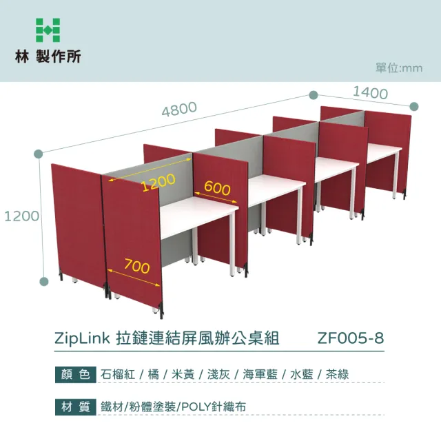 【林製作所】8人座ZipLink拉鏈連結屏風辦公桌組(9色可選 拉鍊屏風 OA屏風 隔間 辦公桌)