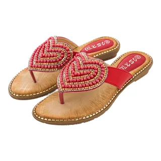 【QUEENA】坡跟拖鞋 夾腳拖鞋/波西米亞民族風甜美愛心串珠造型坡跟夾腳拖鞋(紅)