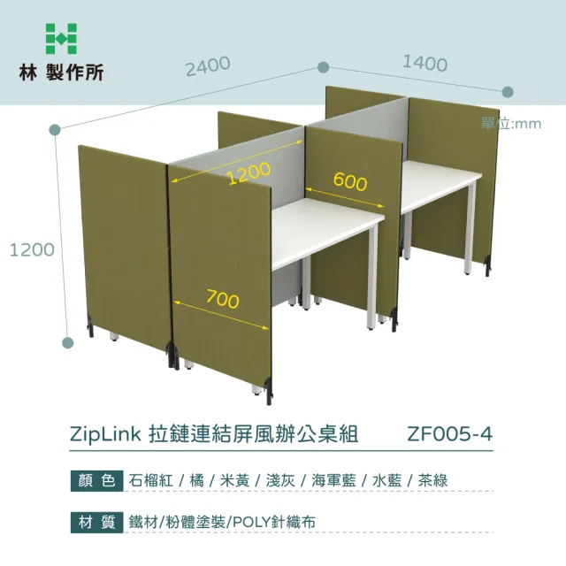 【林製作所】4人座ZipLink拉鏈連結屏風辦公桌組(9色可選 拉鍊屏風 OA屏風 隔間 辦公桌)