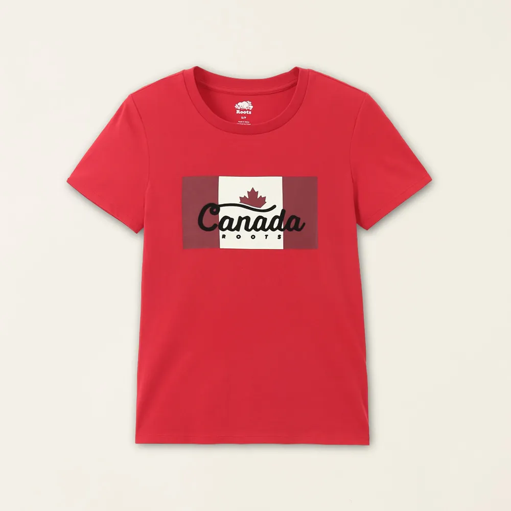 【Roots】Roots女裝-加拿大日系列 加拿大國旗有機棉修身短袖T恤(紅色)