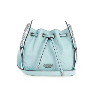 【GUESS】女包-GALERIA 經典魅力 網美 壓紋 造型背帶 印花 拉繩 水桶包(藍)