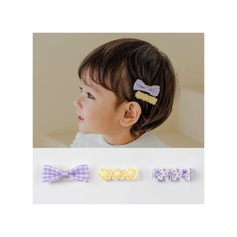 【Happy Prince】韓國製 Lolly蝴蝶結小花女嬰兒童髮夾3件組(女童髮飾紫色黃色)