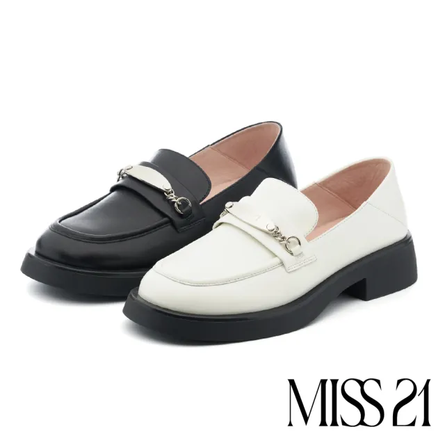 【MISS 21】質感金屬鍊條純色全真皮樂福低跟鞋(白)