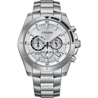 【CITIZEN 星辰】Chronograph 紳男三眼計時手錶-銀色面/44mm 送行動電源 開學(AN8200-50A)