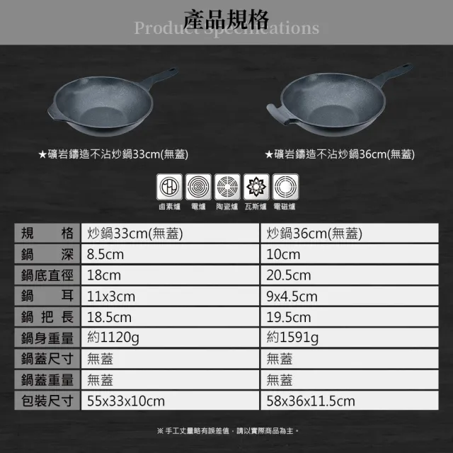 【米雅可】礦岩鑄造不沾炒鍋33cm無蓋 台灣製造(適用IH及各式爐具)