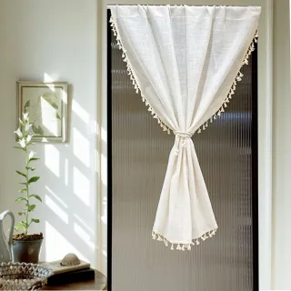 【PLUSIEURS】日式亞麻流蘇短門簾(寬90x高130公分 附贈伸縮桿)