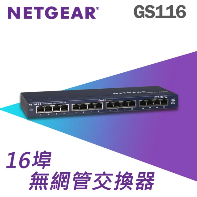 【NETGEAR】16埠 Gigabit 無網管 金屬殼 網路交換器 (GS116)