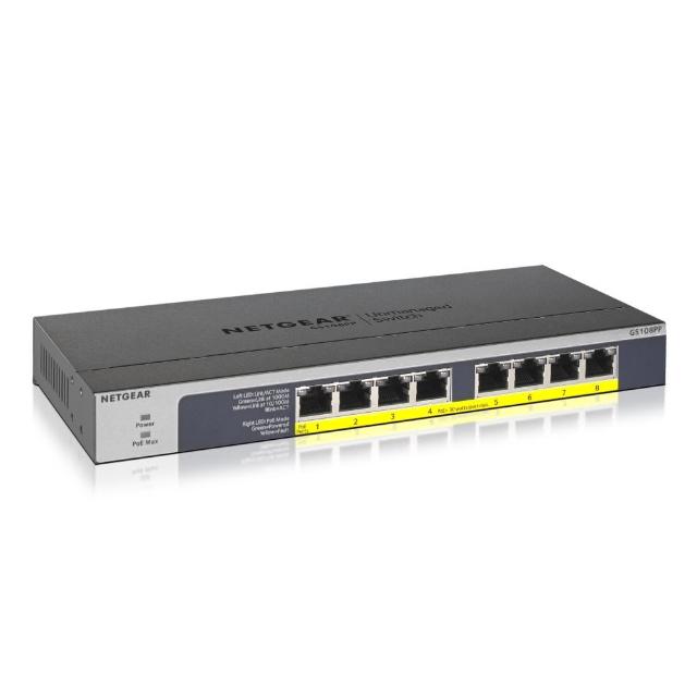 【NETGEAR】GS108PP 桌上/壁掛式 8埠 Gigabit 無網管 PoE+ 網路交換器 123W PoE供電 無風扇金屬殼 美國品牌