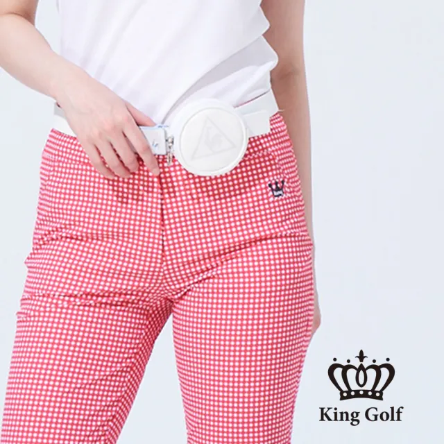 【KING GOLF】速達-網路獨賣款-女款格紋印圖LOGO燙標舒適修身休閒長褲(紅色)