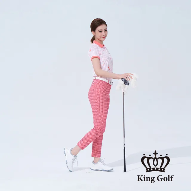 【KING GOLF】速達-網路獨賣款-女款格紋印圖LOGO燙標舒適修身休閒長褲(紅色)