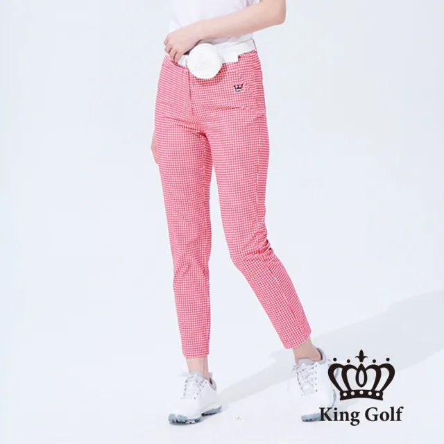 【KING GOLF】速達-網路獨賣款-女款格紋印圖LOGO燙標舒適修身休閒長褲(紅色)