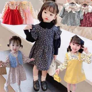 【安朵童舖】現貨韓版兒童長袖假兩件碎花連身洋裝女童寶寶娃娃領長袖碎花連身裙(035/22/025)