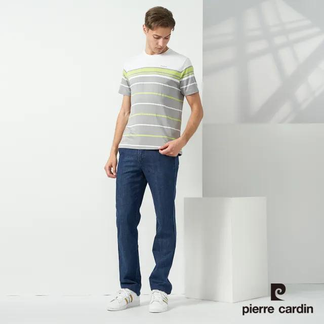 【pierre cardin 皮爾卡登】商務休閒 男款 橫條圓領短袖上衣-灰色(5237280-95)