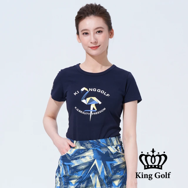 【KING GOLF】速達-網路獨賣款-女款趣味火鶴印圖造型上衣(丈青)