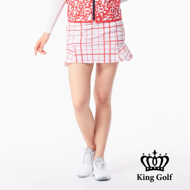 【KING GOLF】速達-網路獨賣款-女款格紋印圖綴飾荷葉刺繡A字運動短裙(紅色)