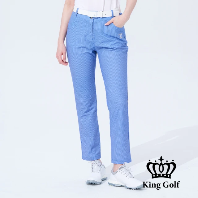 【KING GOLF】網路獨賣款-女款LOGO刺繡撞色腰頭舒適修身小千鳥格休閒長褲(藍色)
