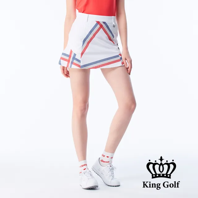 【KING GOLF】速達-網路獨賣款-女款紅藍線條印花立體刺繡綴飾荷葉A字素面運動短裙(白色)