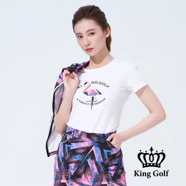 【KING GOLF】速達-網路獨賣款-女款趣味火鶴印圖造型上衣(白色)