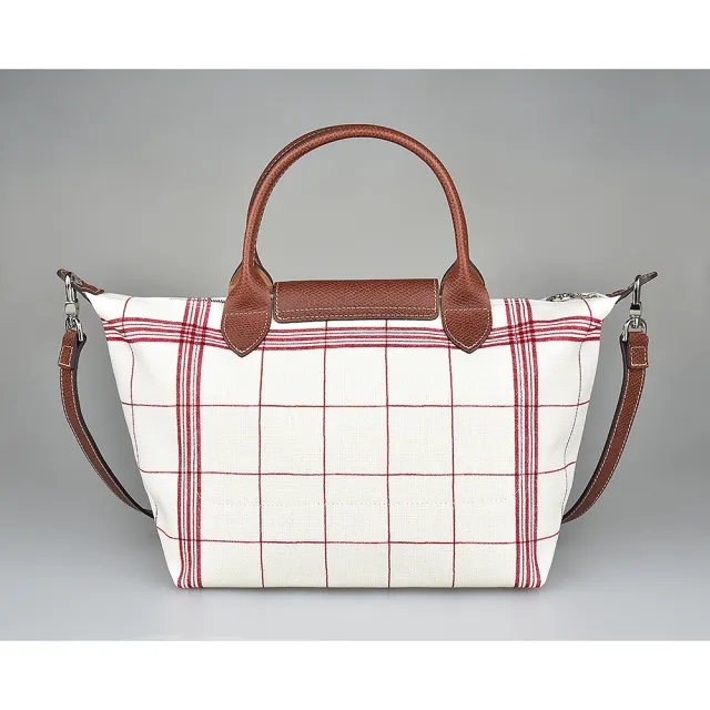 【LONGCHAMP】LONGCHAMP LE PLIAGE TORCHON壓印LOGO格紋設計棉布短把拉鍊斜背包(白x紅)