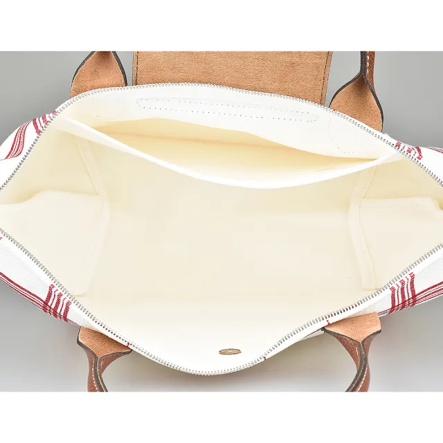 【LONGCHAMP】LONGCHAMP LE PLIAGE TORCHON壓印LOGO格紋設計棉布短把拉鍊斜背包(白x紅)