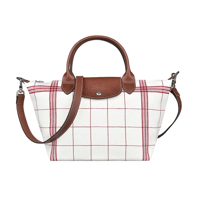 【LONGCHAMP】LONGCHAMP LE PLIAGE TORCHON壓印LOGO格紋設計棉布短把拉鍊斜背包(白x紅)（其他規格）