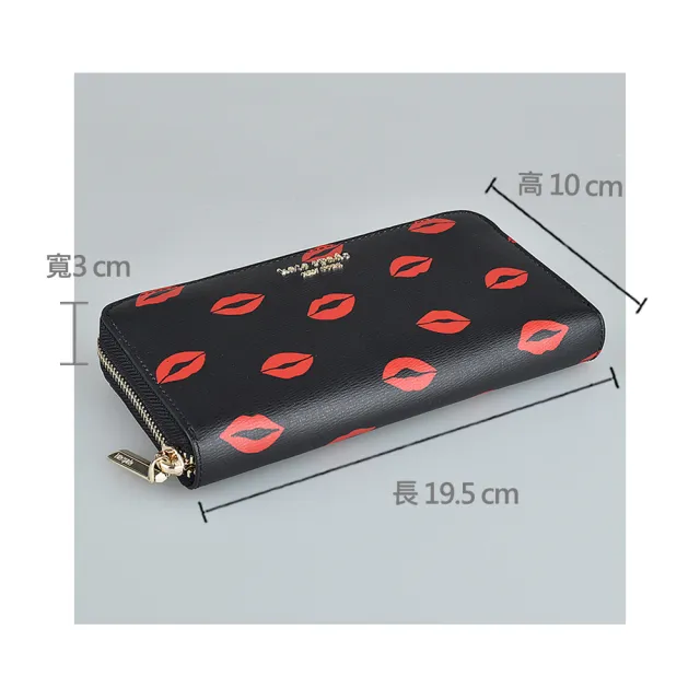 【KATE SPADE】Kate Spade 金字LOGO唇紋設計PVC拉鍊長夾(黑x紅)