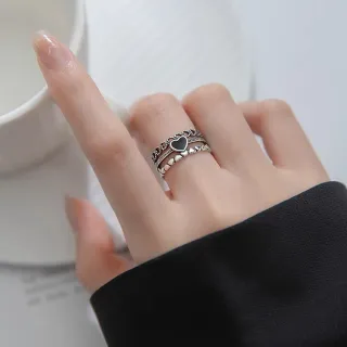 【SUMMER一夏】韓國設計S925純銀復古寬版多層黑色愛心蕾絲花邊輕奢開口戒指食指潮流戒指(甜酷風)