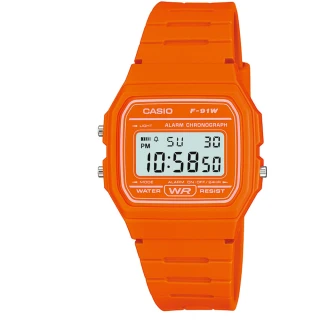 【CASIO 卡西歐】繽紛色系方形復古運動電子錶-橘色(F-91WC-4A2)