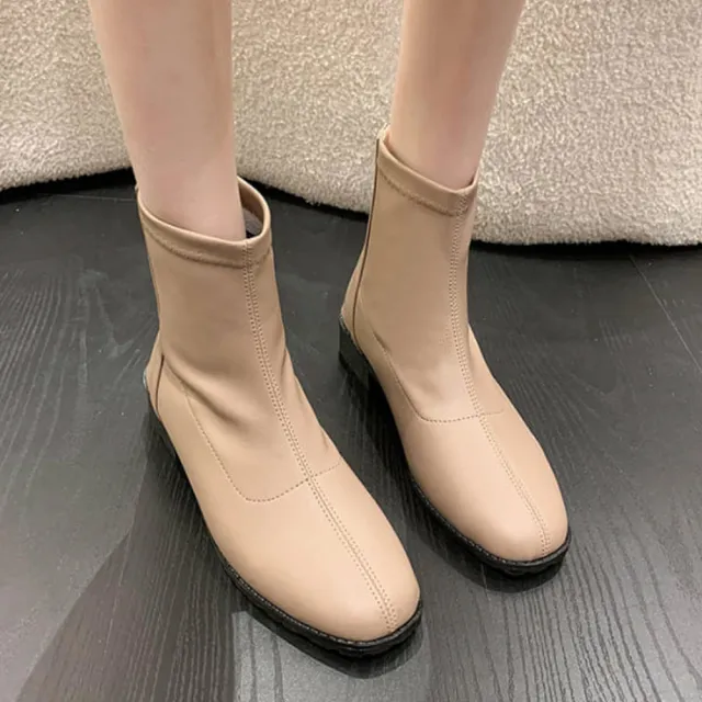 【baibeauty 白鳥麗子】MIT顯瘦素面皮革後拉鍊低跟襪靴(方頭短靴)
