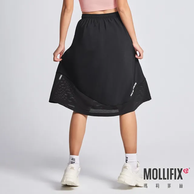 【Mollifix 瑪莉菲絲】下擺拚網透氣優雅長裙、瑜珈服、長裙(黑)