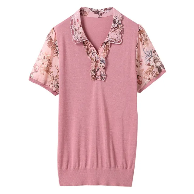 【Paiya 派亞】通勤寬鬆粉色短袖POLO領T恤女上衣(M-4XL大碼遮肚媽媽裝)
