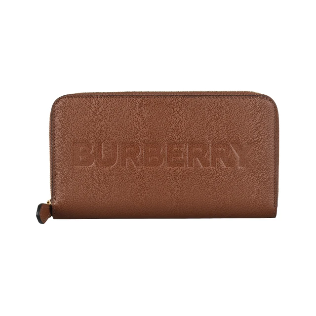 BURBERRY 巴寶莉 BURBERRY壓印LOGO牛皮12卡拉鍊長夾(棕)