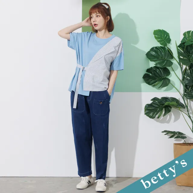 【betty’s 貝蒂思】格紋拼接綁帶寬版上衣(藍色)