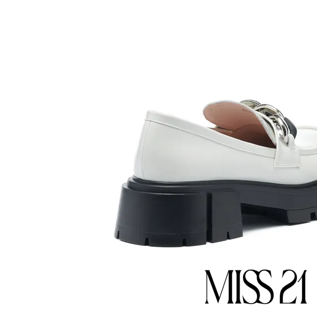 【MISS 21】霸氣金屬撞色鍊條全真皮大方頭樂福厚底鞋(白)