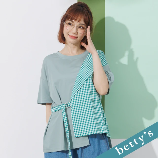 betty’s 貝蒂思 格紋拼接綁帶寬版上衣(綠色)