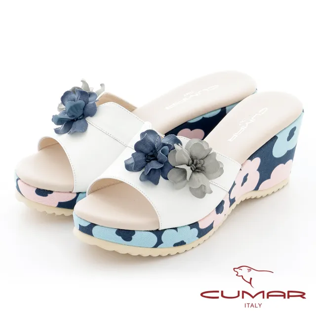 【CUMAR】立體皮革花卉楔型台涼拖鞋(白色)