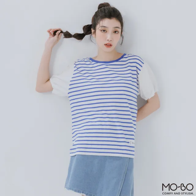 【MO-BO】MIT袖剪接條紋上衣