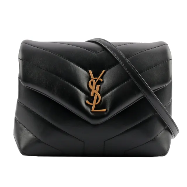 【YSL】Monogram Lou Lou V紋小牛皮斜背包_MINI(黑色)