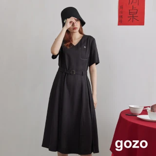 【gozo】天絲麻V領收腰洋裝附腰帶(兩色)