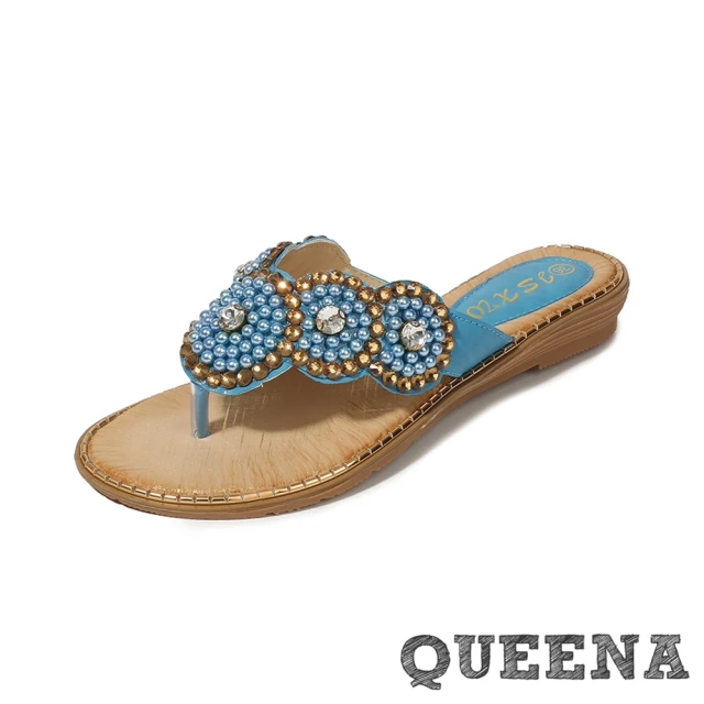 【QUEENA】坡跟拖鞋 人字拖鞋/波西米亞民族風圓盤串珠人字坡跟夾腳拖鞋(藍)