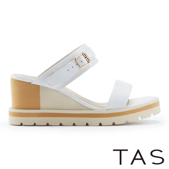 【TAS】兩穿真皮甜美楔型高跟涼拖鞋(米白)