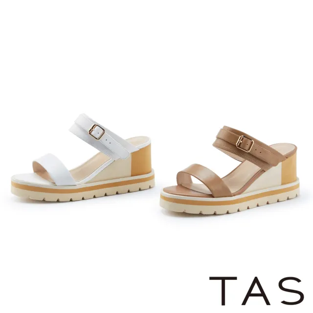 【TAS】兩穿真皮甜美楔型高跟涼拖鞋(米白)