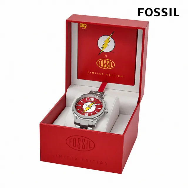 【FOSSIL 官方旗艦館】The Flash 閃電俠限量經典紅色指針手錶 銀色不鏽鋼錶帶 40MM LE1162