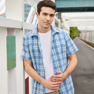 【NAUTICA】男裝 吸濕排汗格紋短袖襯衫(藍色)