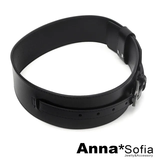 【AnnaSofia】二層牛皮真皮腰帶皮帶腰封-中央縮釦細帶 現貨(黑系)