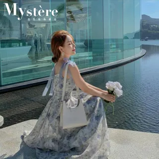 【my stere 我的時尚秘境】雙11 現貨必搶-春夏新款-法式雪紡油畫風飄逸綁帶連身長裙(雪紡飄逸柔