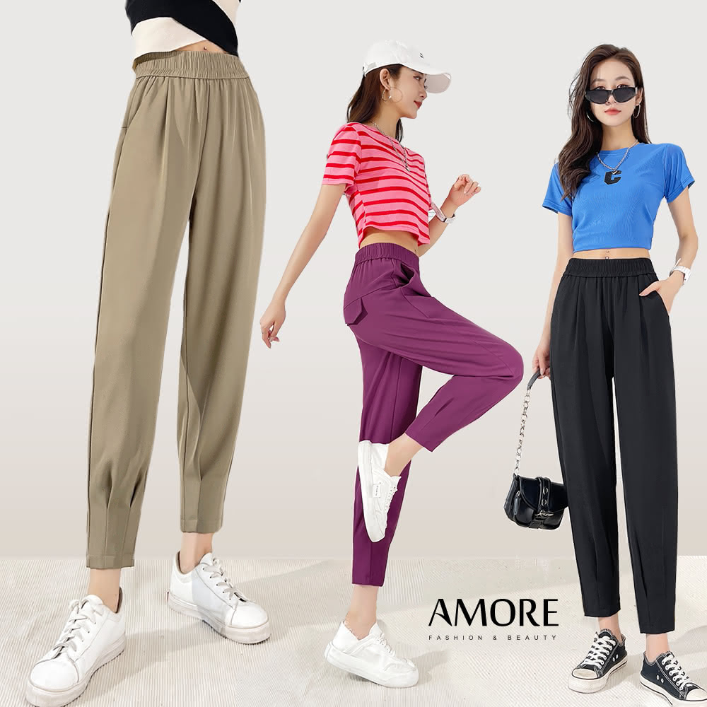 【Amore】日韓涼感滑順時尚剪裁九分褲(柔軟滑順好穿)
