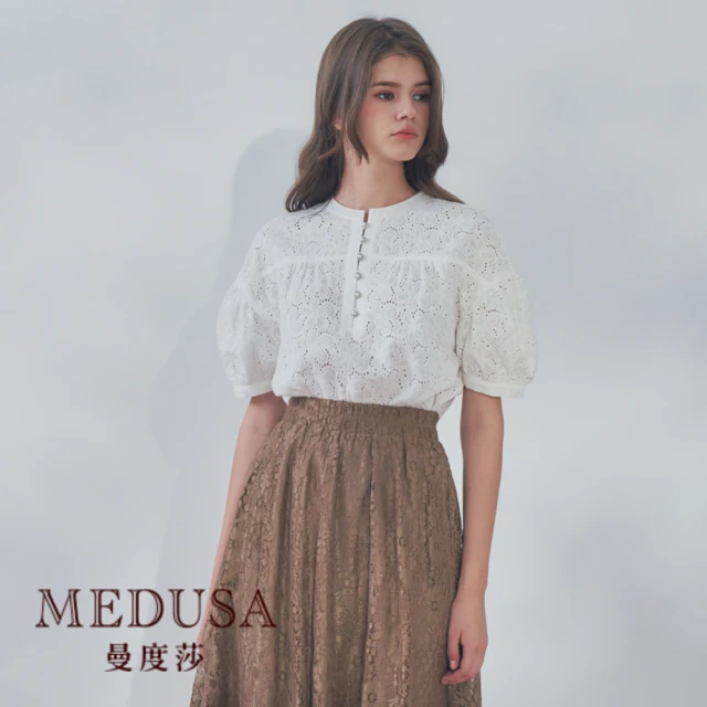 MEDUSA 曼度莎 現貨-燒花蕾絲圓蓬袖上衣（M-XL）｜女上衣 女短袖上衣 白上衣(101-76301)